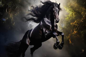 Dramatic photo of a black horse rearing