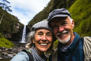 Generative AI illustration of nice aged couple traveling together making selfies beautiful landscape view admire nature feel young