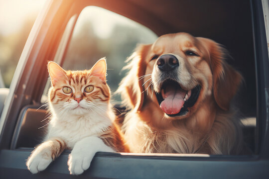 Generative AI photography of a beautiful happy best friend cat and dog riding in a car together having fun