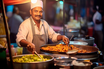 Flavors of India: A Portrait of a Man Thriving as a Street Food Vendor in India, Surrounded by the Bustling Energy of a Vibrant Market and His Food Cart.

 - obrazy, fototapety, plakaty