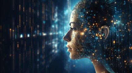 human big data visualization. Futuristic artificial intelligence concept. Aesthetic cyber mind design. machine learning. Complex data streams in the form of a head and binary data