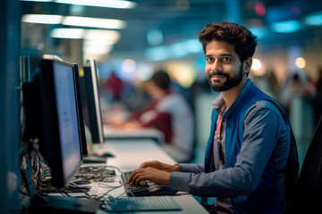 Indian Tech Guru: An Indian Man Working as IT Support, a Male Technician with a Laptop, Keeping Technology Running Smoothly.

 - obrazy, fototapety, plakaty