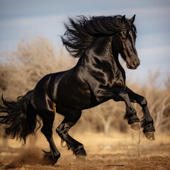 Dramatic photo of a black horse rearing