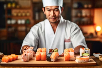 Muurstickers Master of Sushi: Portrait of a Japanese Sushi Chef in a Stylish Rustic Kitchen.   © Mr. Bolota