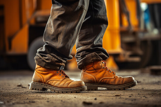 AI generated close up photo of working man in dirty footwear