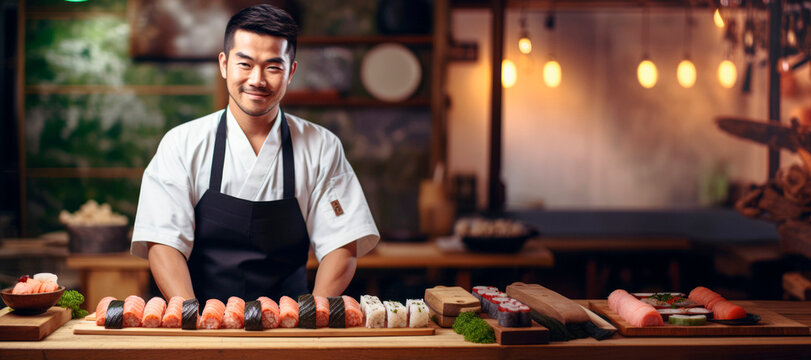 Master of Sushi: Portrait of a Japanese Sushi Chef in a Stylish Rustic Kitchen.

