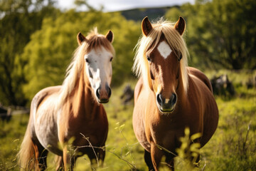 Obraz na płótnie Canvas Close up of horses on green grass