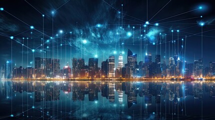 Modern city with wireless network connection and urban landscape concept, wireless network and technology connection with city background at night.
