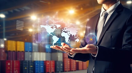 Businessman and global logistics network distribution and transportation, Smart logistics, Innovation future of transportation on large warehouse center