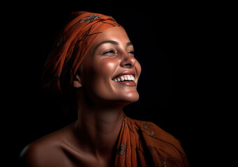 A Portrait of a Strong Independent Woman, Embracing Happiness in a Dark Studio