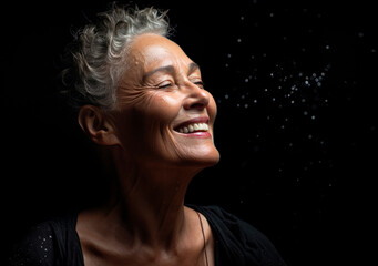 A Portrait of a Strong Independent Woman, Embracing Happiness in a Dark Studio