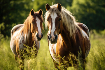 Close up of horses on green grass - Powered by Adobe
