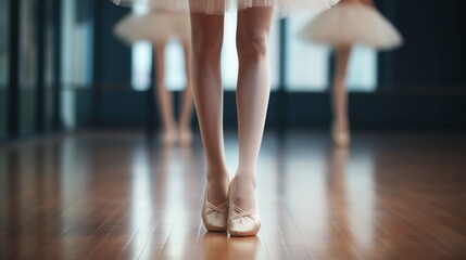 Legs of a ballerina in pointes. Close-up. Classical dances. Training