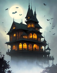 Haunted House With Bats Flying In Halloween Night. Generative AI