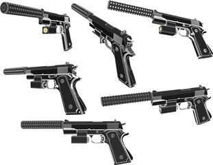 Sketch vector illustration of an automatic pistol with silencer for police