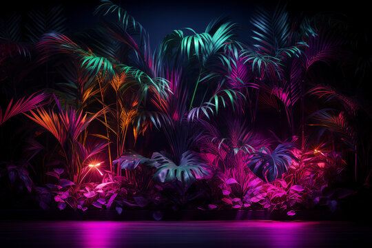 Generative ai collage image picture of mystical magic exotic forest with shiny neon illumination