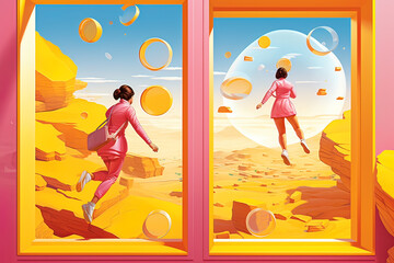 Illustration of two girls floating in a virtual reality