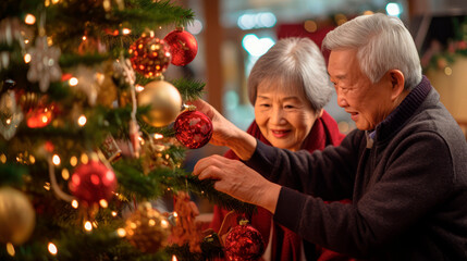 Fototapeta na wymiar Capturing the Joyous Connection of an Elderly Asian Couple as They Decorate a Christmas Tree