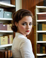 1950s and 1960s secretary in an office environment. Solo, attractive young brunette. Looking at the camera. Vintage, saturated colors.