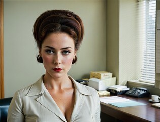 1950s and 1960s secretary in an office environment. Solo, attractive young brunette. Looking at the camera. Vintage, saturated colors.