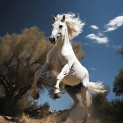Naklejka na ściany i meble Dramatic photo of a white horse rearing