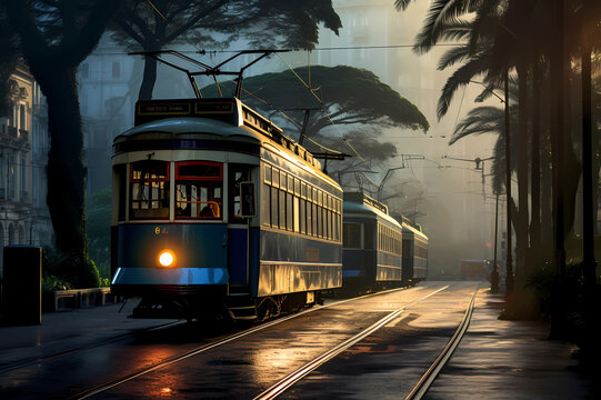 trolley tram in city in morning