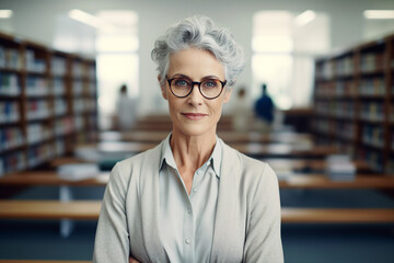 Generative AI photo of beautiful intelligent lady blurred schoolroom or library background school university education concept