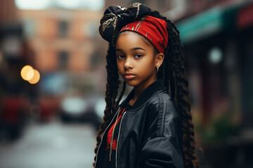 Generative AI photography of beautiful girl with braids and dreadlocks walking evening city streets