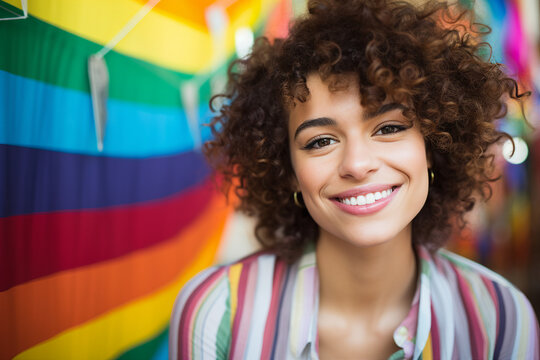 Generative AI photo image of a beautiful smiling lgbt person isolated on a colorful flag background