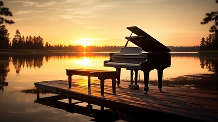 Piano Sitting On A Dock At The Sunset. Beautiful Scenery. Instrument