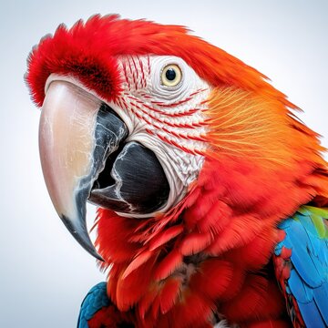 A photograph of a parrot in front of a solid white color background