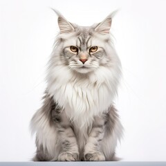 A minimalist photograph of a cat in front of a solid white color background