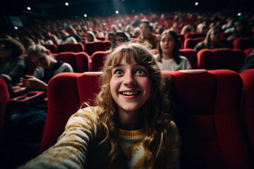 Generative AI picture of young pretty girl making selfies at cinema room seat