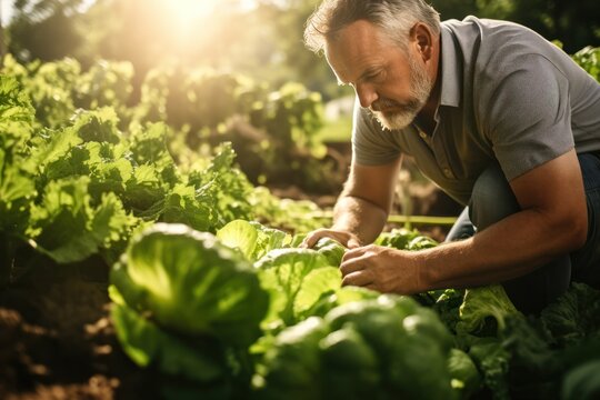 farmer examines organic produce, underscoring the importance of environmentally conscious farming. - Powered by Adobe