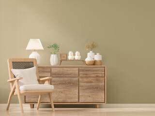 Modern vintage living room interior wall mockup in warm tones with rattan armchair.  3D rendering, illustration.