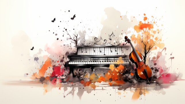 piano with music notes and symbols, digital illustration