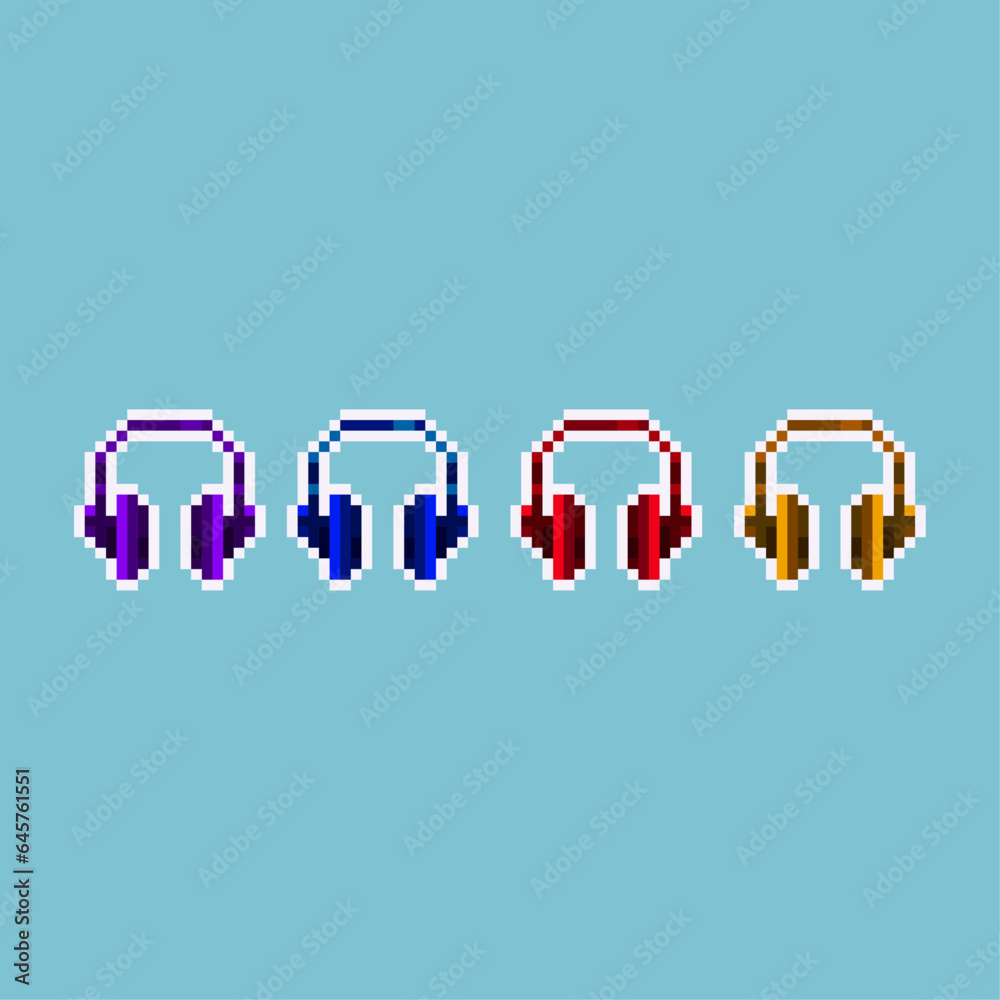Poster pixel art sets of headphone sound with variation color items asset. pixel headset headphone on pixel