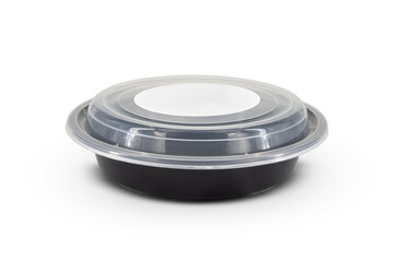 Black plastic food containers with transparent lid and white cardboard label 01