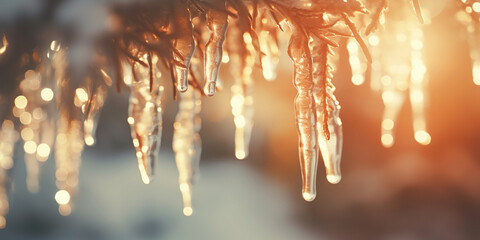 Sparkling icicles hanging from snowy branches, in a sunlit dusky forest wonderland - Powered by Adobe