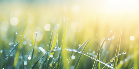 Glistening dewdrops on blades of fresh green grass in the morning sunlight, a refreshing scene