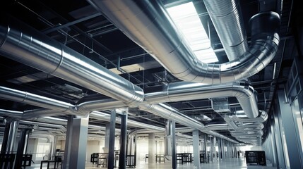 Ventilation pipes hanging from the ceiling, serves as an internal storage for air conditioning - obrazy, fototapety, plakaty