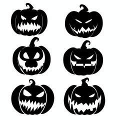 Obraz premium Set of Halloween scary cute pumpkins cut minimalist, vector, silhouette. Spooky creepy pumpkins cut, white background