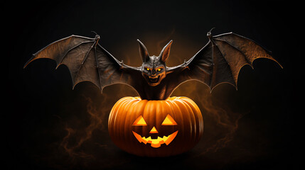 Naklejka premium A bat comes out of a Halloween pumpkin.