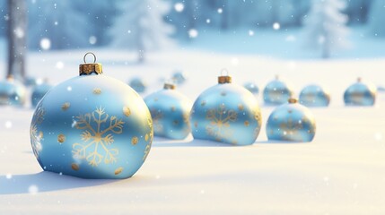 snowy scene with golden christmas decorations