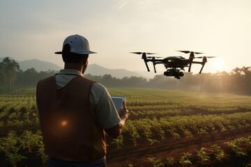 drone aids a farmer in greenhouse, managing crop health and irrigation, demonstrating technology