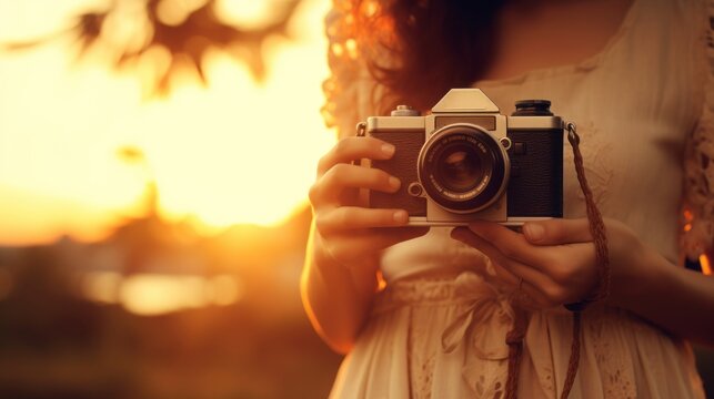Vintage of beautiful women photography standing hand holding retro camera with sunrise, dream soft style