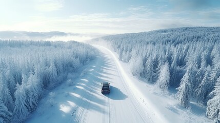 White car driving on winding road through snowy forest, sun light. Concept winter travel, aerial view