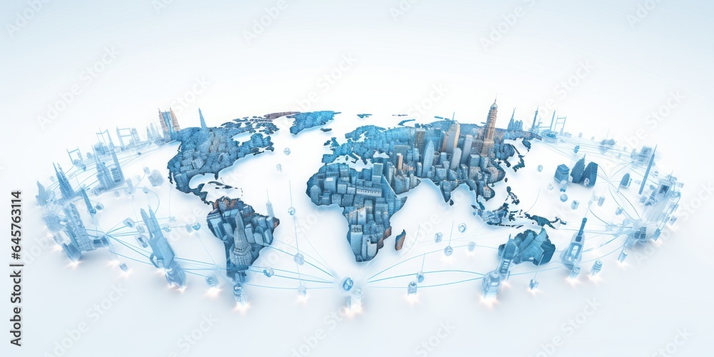 Poster global iot and internet connectivity world map on white background, illuminating in light blue, depi