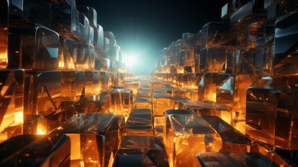 Golden abstract background of crystals and glass cubes