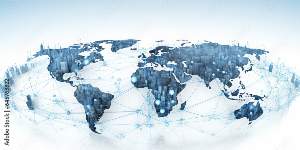 Aufkleber global iot and internet connectivity world map on white background, illuminating in light blue, depi